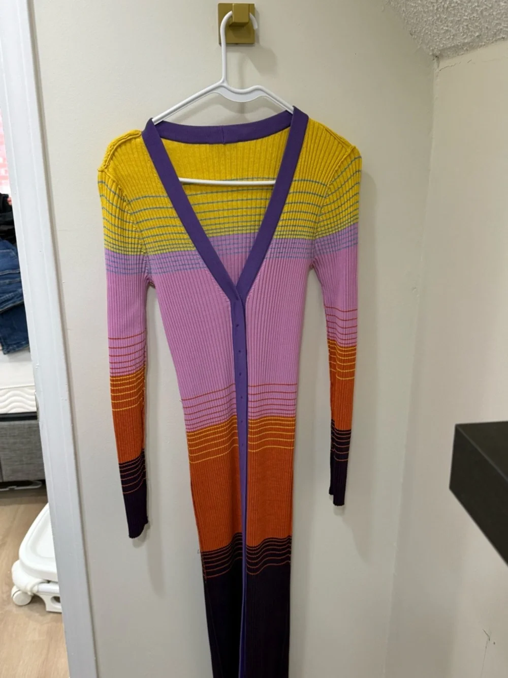 STAUD Multicolor Ribbed Button-Front Cardigan in Pink, Orange, Purple, Yellow - Picture 4 of 5